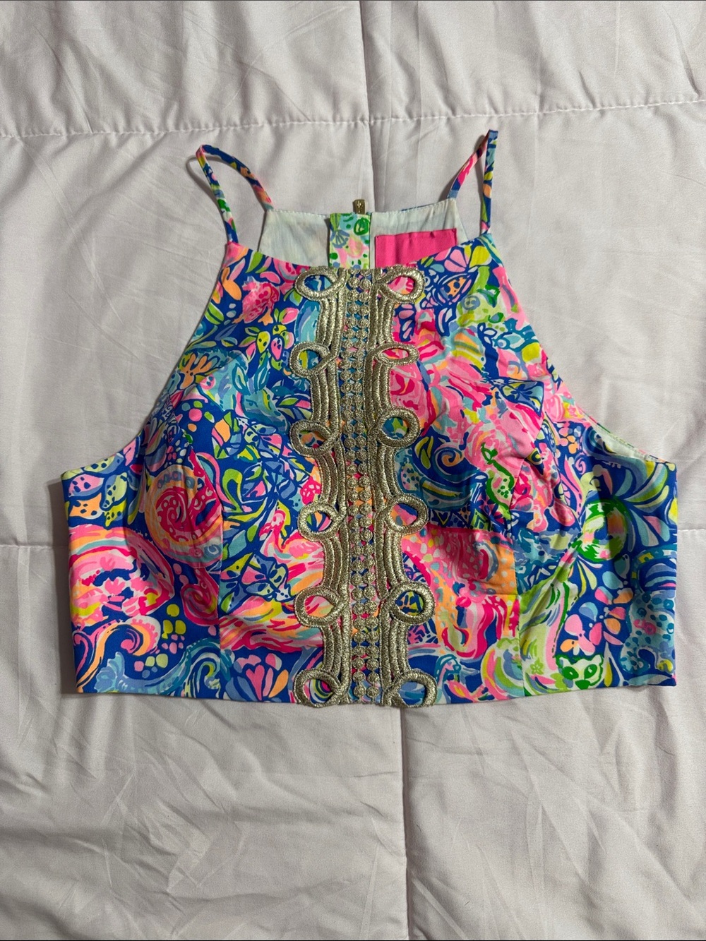 Lilly Pulitzer Vibrant Multicolor Halter Crop Top with Gold Embellishment